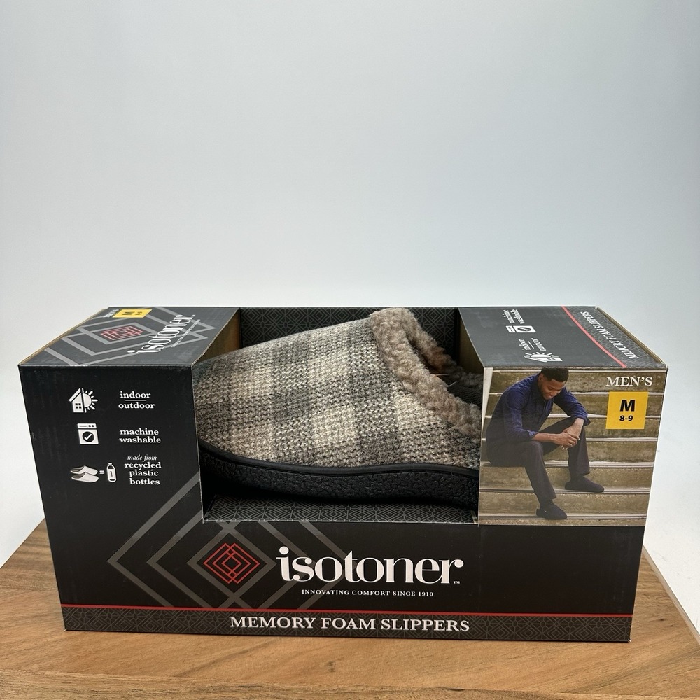 New NIB Mens Isotoner Memory Foam Slippers Mules Smoky Taupe Size M 8-9